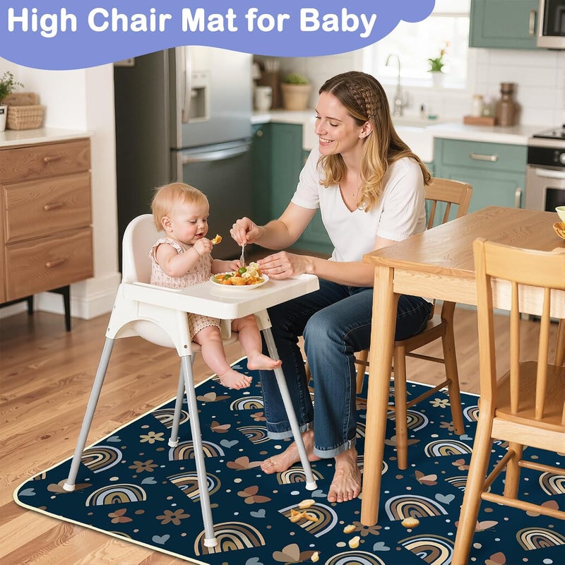 BeBeJoJo Splat Mat for Under High Chair 42 x 42 Inch Waterproof Baby Splash Mat with Non Slip Bottom Reusable Portable Highchair Mat for Floor Food Catcher for High Chair, Navy Rainbow - Image 2